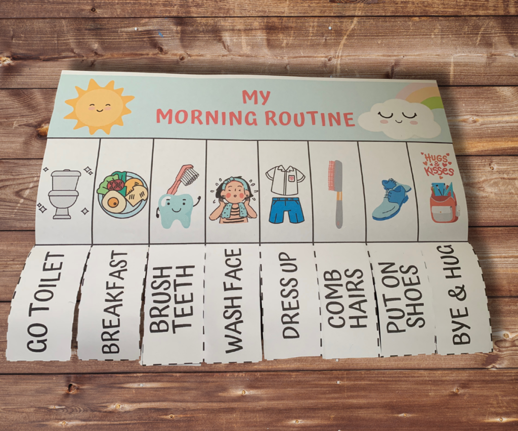 * Interactive daily routine chart for kids with folding flaps showing completion stars

