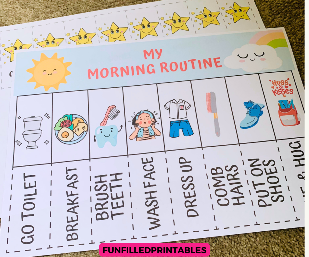 * Free morning routine flip chart printable with visual schedule icons by FunFilled Printables